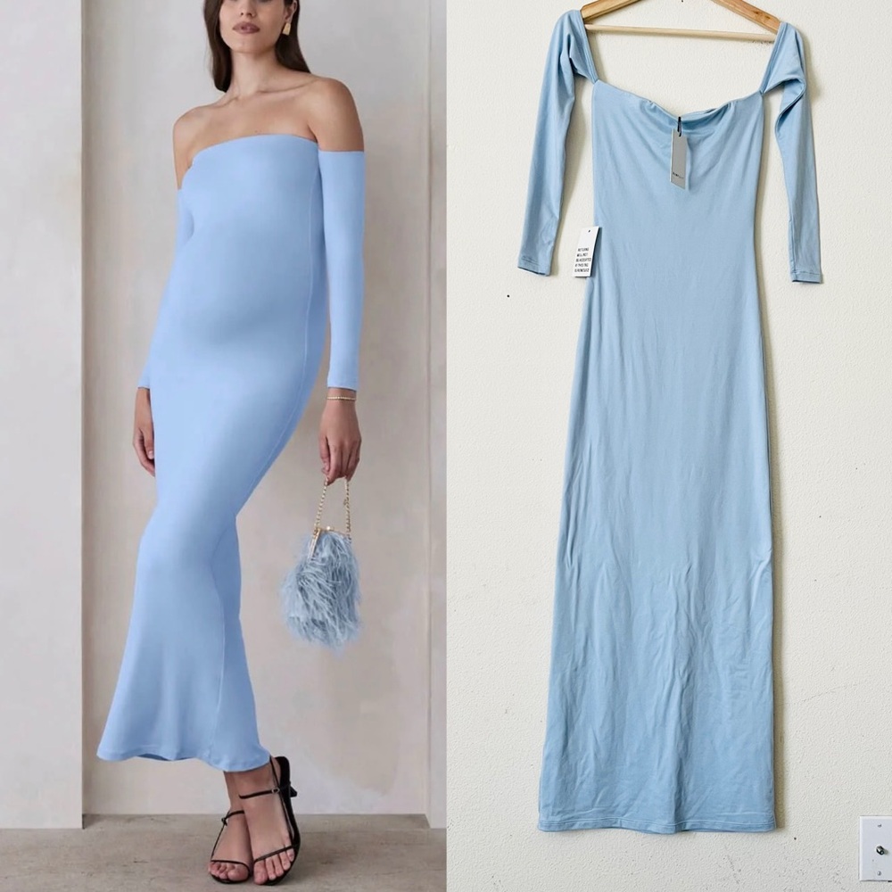 NWT BUMPSUIT XS The Angelina off the shoulder bodycon maxi dress in Powder Blue